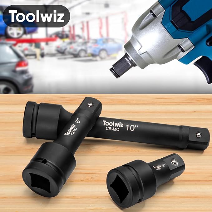 Toolwiz 1'' Socket Extension Set 4'', 6'', 10'' (3 Piece) Cr-Mo Steel, 1 inch Drive Extension Bar with Locking Pin for Mechanical Equipment Repair, Organized in PVC Box Use with Air Impact Wrenches