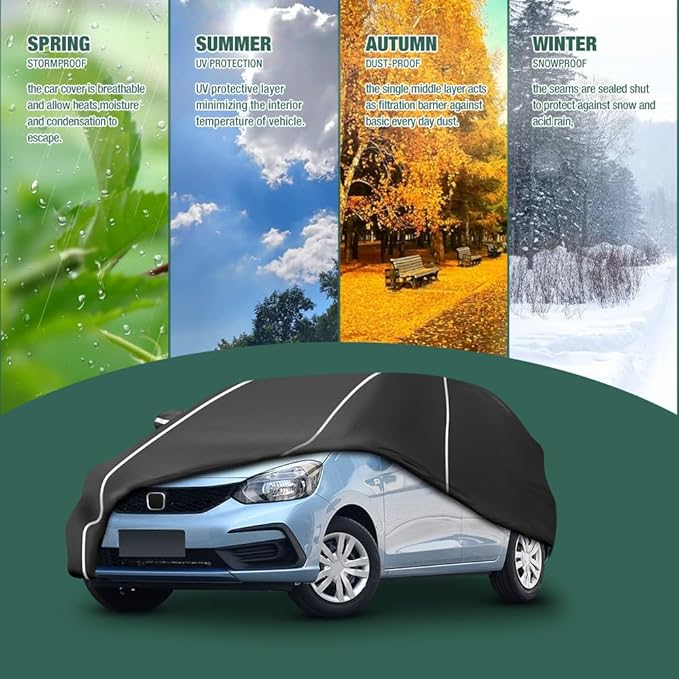 Fluorescent Strip Design Waterproof Car Cover Compatible for Honda Fit 2009-2020 All Weather 6 Layers Full Car Cover Safe Parking at Night with Storage Bag