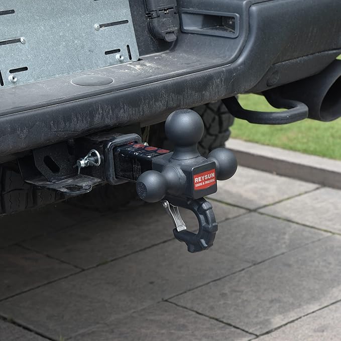 Patented Forged Trailer Hitch Tri-Ball Hitch with Hook: 3 Sizes in 1 Tow Ball Hitch, Fits 2-inch Hitch Receiver, Secure Locking Mechanism, Matt Black