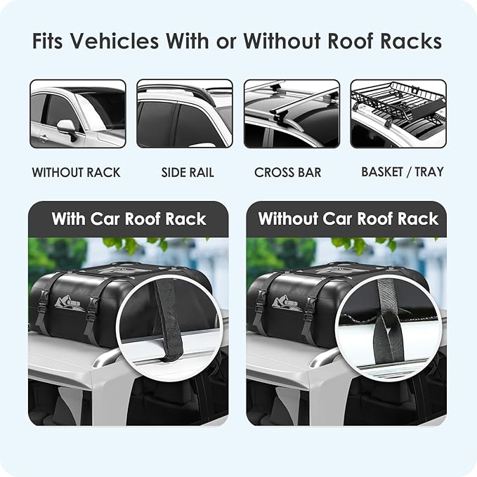 Car Rooftop Cargo Carrier Bag 15 Cubic Feet, 100% Waterproof Heavy Duty Car Roof Bag for All Vehicle with/Without Racks - Anti-Slip Mat, 4 Door Hooks, Storage Bags, 4PCS 3.8CM Straps(Gray)