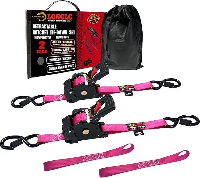 2-Pack Retractable Ratchet Straps Pink Heavy Duty - 1 Inch X 10Feet with Soft Loops, 2,000lbs Breaking Strength - Best for Trucks, Cargo Trailer, Motorcycle, Tie Down Straps Ratchet