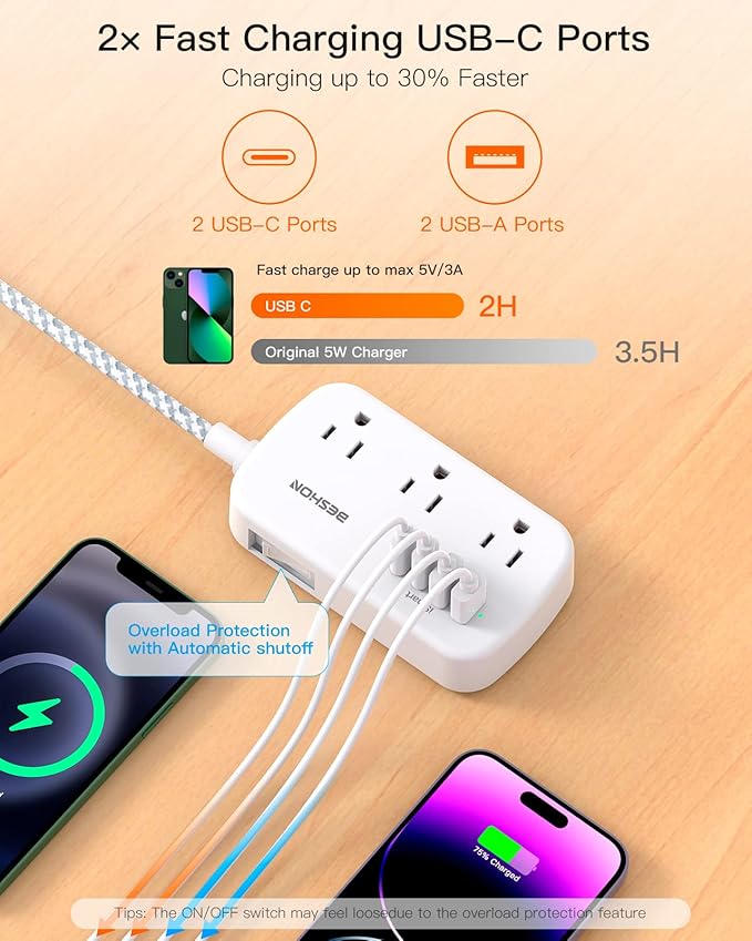 Flat Extension Cord, BESHON 5FT Flat Plug Power Strip with USB C, 6 Outlets 4 USB Port(2 USB C), No Surge Protector, Cruise Ship, Dorm Room Travel Essentials