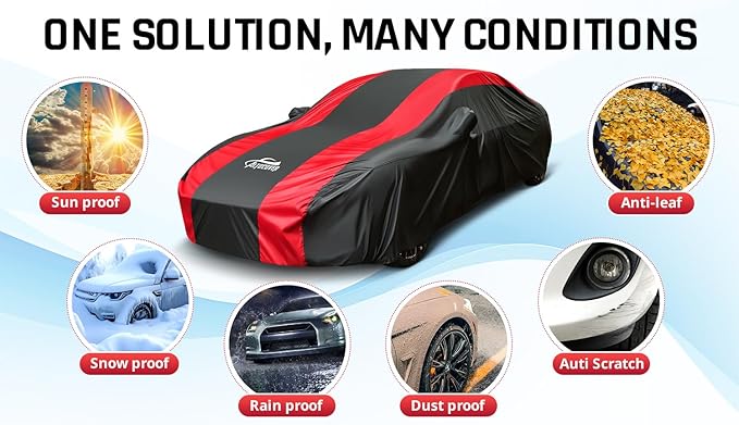 Full-Size Car Cover with Red Stripe Design,Outdoor Car Covers for Automobiles All Weather Waterproof Universal Fit Audi A8,BMW 7 Series, Lexus LS, Jaguar XJ,Benz S-Class,Buick La Crosse