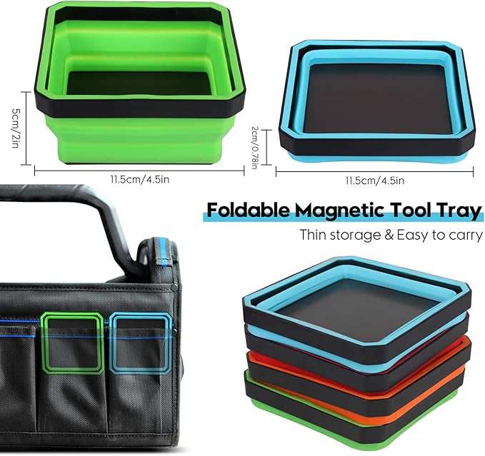 Upgrade Collapsible Magnetic Parts Tray Set-4 Pack Magnetic Tool Trays for Screw Bolts Nuts Washers Pins & Small Metal Parts, 4.5” Square Silicone Bowls with Magnetic Base(4 Color)