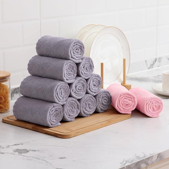 Mordimy 18 Pack Kitchen Cloths Dish Towels (10" x 10", Grey & Pink), Super Soft and Absorbent Dish Cloths, Coral Velvet Microfiber Cleaning Cloth, Nonstick Oil Fast Dry Dishcloths