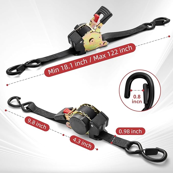 Retractable Ratchet Tie-Down Straps 1800 lbs, 1in × 10ft Auto-Retract Ratchet Straps Heavy Duty with S-Hooks, Self Retracting Tie Down for Trucks, Roof Racks & Trailers, 2 Pack