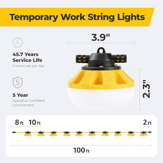 100ft Construction String Lights: 3 Prong 100w 11000lm ETL Certified Bright Industrial Outdoor Temporary Lighting Led Hanging IP65 Waterproof 18AWG Wire Work Light for Attic Jobsite Garage