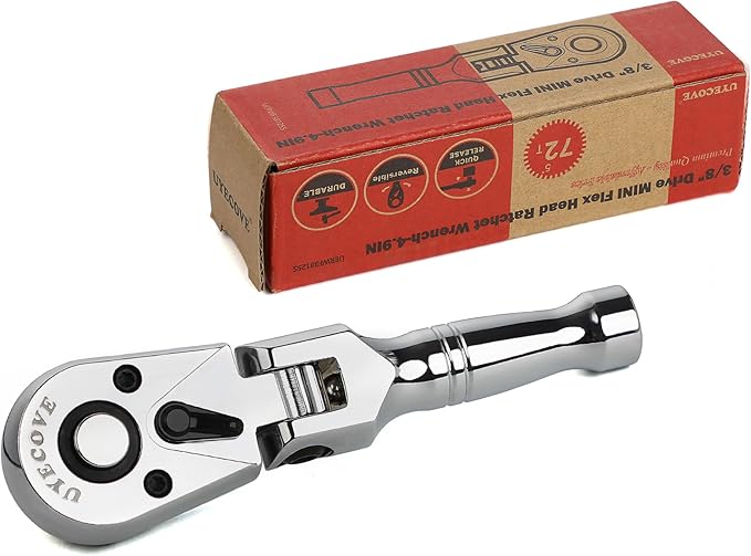 3/8 Inch Drive Stubby Flex Head Ratchet Wrench, Small Socket Wrench, 72 Tooth Quick Release Cr-Mo Swivel Head Ratchet-4.9"/125mm
