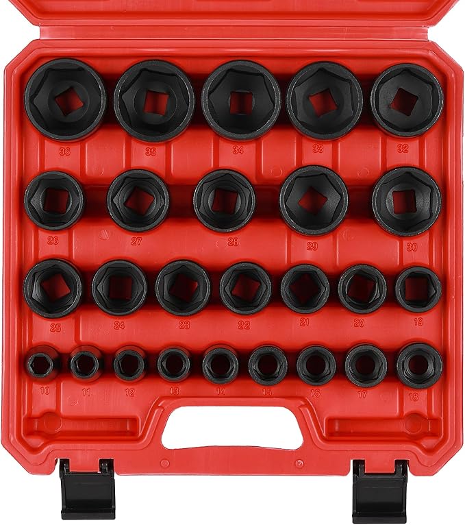 MIXPOWER 26 Piece 1/2 Inch Drive Impact Socket Set,Metric,Shallow,10mm to 36mm, Cr-Mo Alloy Steel, Radius Corner Design, Impact Grade