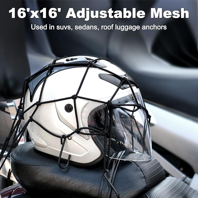 JAGASOL Cargo Nets for Motorcycle Helmet 16"X16" Elastic Bungee Net Storage Featuring 6 Hooks Tight 2"x2" Mesh Luggage Strap Rack Expansion Organizer Net Pocket for Motorbike E-Bike Trike 2 Pcs