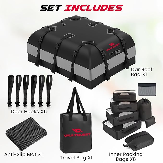 Waterproof Car Roof Bag Cargo Carrier - 20.07 Cubic Feet Extra Large Storage with Anti-Slip Mat, Door Hooks & Packing Bags. Safe Heavy Duty Travel Solution for Family Trips, Camping, Vacation