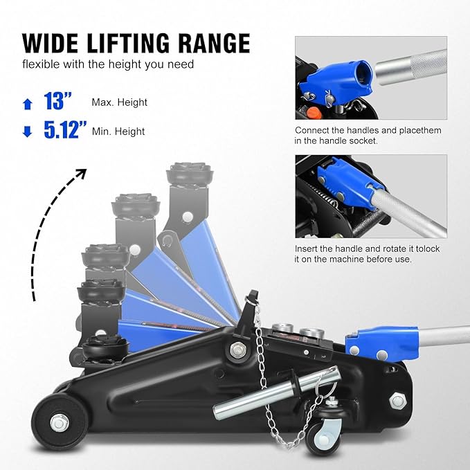 DNA Motoring Floor Jack with Socket and Lock, Low Profile Hydraulic Trolley Jack for Cars Lift, 2 Ton (4000 lbs) Capacity, Lifting Range 5.12"-13", Blue, TOOLS-00677-BL