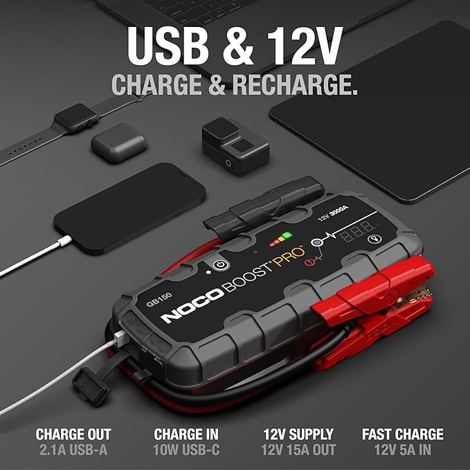 NOCO Boost GB150: 3000A UltraSafe Jump Starter – 12V Lithium Battery Booster Pack, Portable Jump Box, Power Bank & Jumper Cables - for 9.0L Gas and 7.0L Diesel Engines