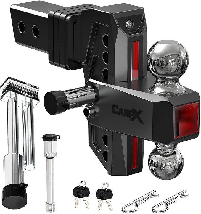 Adjustable Trailer Hitch Fits 2.5" Receiver, 6" Drop & Rise, Dual Solid Ball 2" and 2-5/16"(18,500 LBS GTW), Heavy Duty Aluminum Tow Hitch