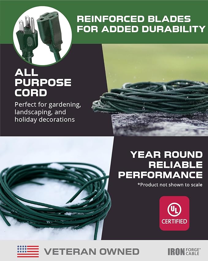 Iron Forge Cable 2 Pack Weatherproof 20 Ft Outdoor Extension Cord - 16/3 SJTW Heavy Duty Green Extension Cord 3 Prong - 13 Amp Exterior Power Cable