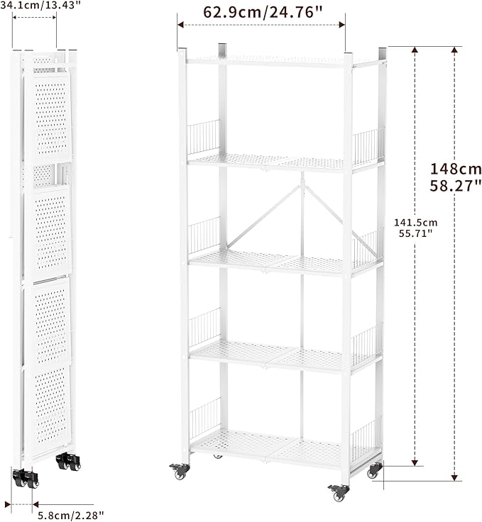 5-Tier Folding Shelves with Wheels, 1100LBS Heavy Duty Metal Foldable Shelving Unit, No Assembly Collapsible Storage Rack Organizer for Garage, Kitchen, Pantry, Basement, Gym - White