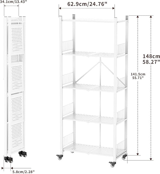 5-Tier Folding Shelves with Wheels, 1100LBS Heavy Duty Metal Foldable Shelving Unit, No Assembly Collapsible Storage Rack Organizer for Garage, Kitchen, Pantry, Basement, Gym - White