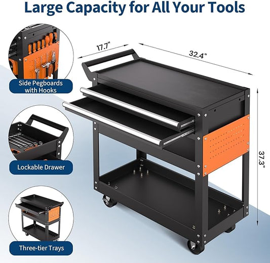 5 Tier Heavy Duty Rolling Tool Cart On Wheels, 400 Lbs Capacity, Metal Utility Carts with Lockable Drawer & Side Pegboards, Mechanic Tool Storage Organizer for Garage Workshop Repair Shop