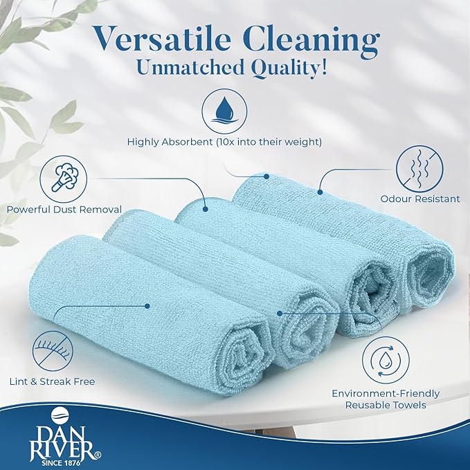 DAN RIVER 12-Pack Blue Microfiber Towels – Ultra Absorbent, Lint-Free & Streak-Free Cleaning Towels for Home, Car & Kitchen - Must-Have Cleaning Essentials - 12" x 12"