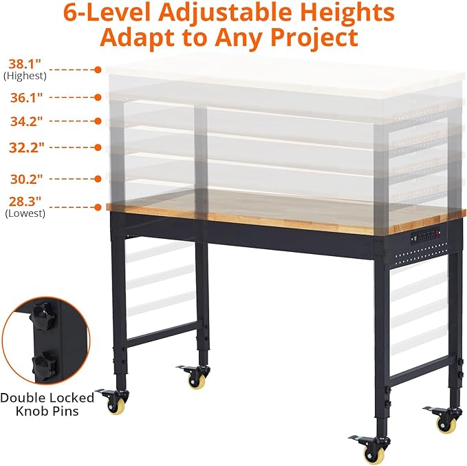 Work Bench 48" Adjustable Height, Heavy-Duty Portable Workbench with Power Outlets for Garage & Workshop, 2000 LBS Load Capacity, Work Table for Office, Home, Easy Assembly