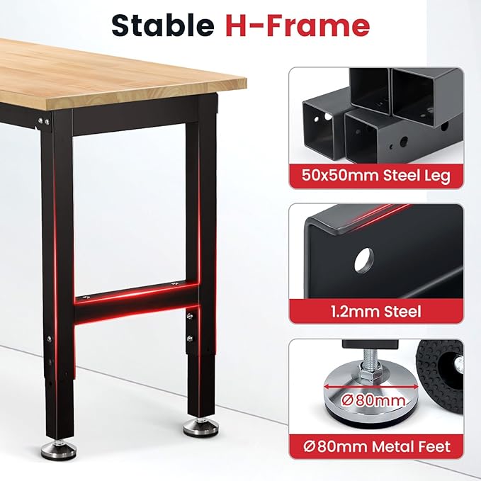 ENJOYWOOD Work Bench 41 Inch Workbench for Garage Adjustable Height Heavy Duty Work Table Rubberwood Tabletop for Cutting Wood Shop Home Office Electronic Woodworking