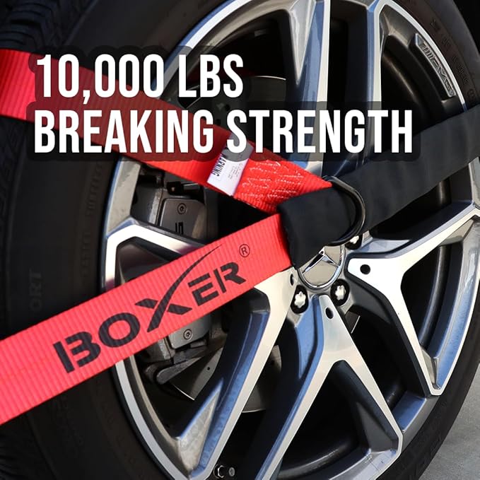 Boxer Pro 2 in x 10 FT Red Lasso Tow Strap with Forged D Ring & Axle Strap– Protective Sleeve – Car Tie Down, Auto Hauler, Auto Transport – 10,000lbs (4 Pack w/Axle Strap)