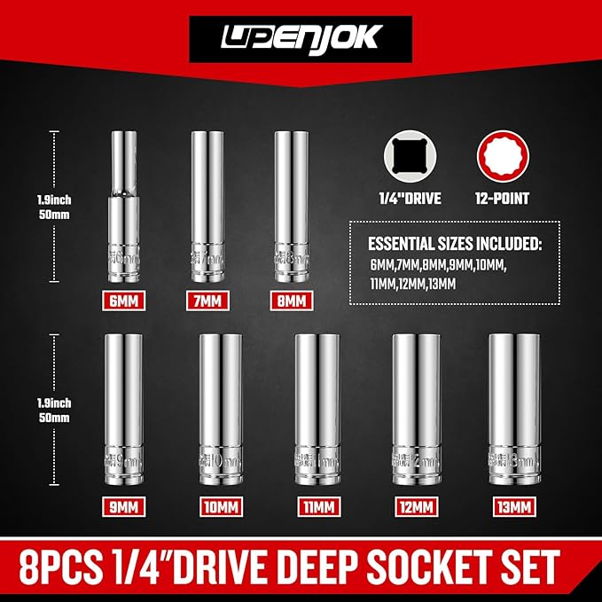 1/4 Inch Drive 12-Point Metric Socket Set, 8-Piece Deep Well Socket Set, CR-V Steel Tool Set, Sizes(6mm, 7mm, 8mm, 9mm, 10mm, 11mm, 12mm, 13mm)