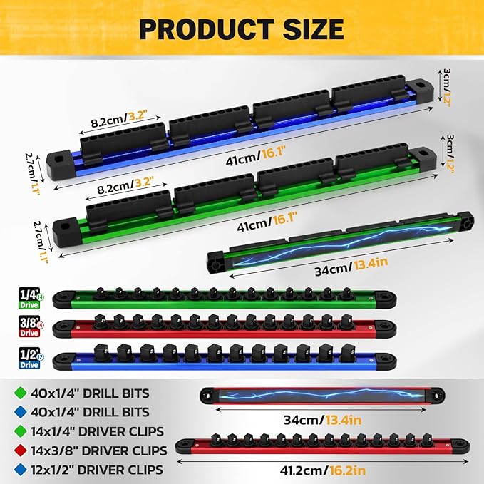 5-Piece Magnetic Socket & Bit Organizer Kit, 1/4" 3/8" 1/2" Heavy Duty Socket Holder Holds 40 Clips, Aluminum Sockets Rail for Tool Box Drawer, 1/4" Slidable Drill Bit Organizer Holds 80 Bits