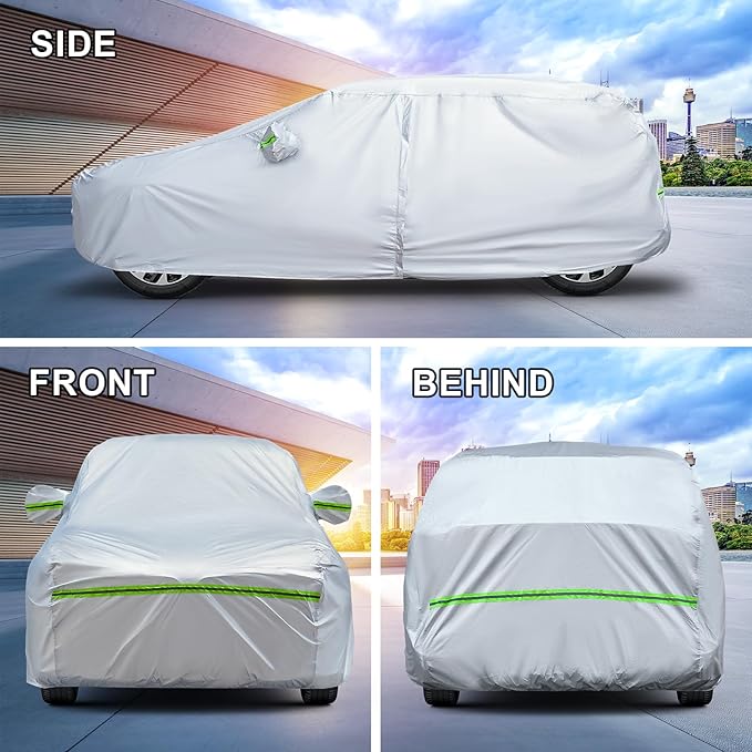 Full Car Cover Universal 6 Layers Outdoor Thicked All Weather Cover, Sunshield, Waterproof, Snow Proof, UV Proof, Scratch Proof, Bird Droppings, 6 Reflective Strips, Fits SUVs up 214"-236"