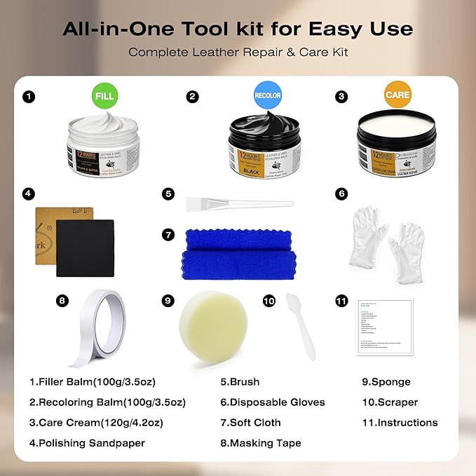 12H Quick-Dry Leather Repair Kit with 3.53Oz Dark Brown Leather Recoloring Balm, Filler & 4.23Oz Care Cream, 3-in-1 Vinyl Repair Set for Sofa, Car Seats, Jackets, Purses, Shoes, Faux Leather and More