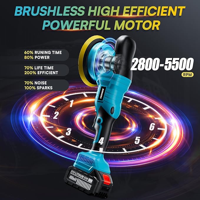 Upgrade Cordless Car Buffer Polisher with 21V 2×4000mAh Battery,6 In Brushless Buffer Polisher Kit, 600W Orbital Polisher with 6 Variable Speed for Car Detailing Waxing Scratch Removing