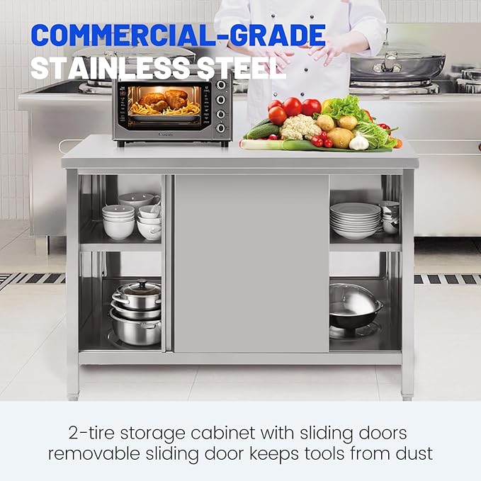 Hally Stainless Steel Cabinet, 24" x 48" NSF Commercial Heavy Duty Prep Workbench with Two Sliding Doors, Large Storage Cabinet, Metal Table for Kitchen, Restaurant, Garage
