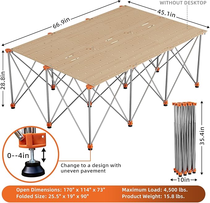 6'x4' Heavy Duty Portable Folding Workstand - 4,500 lbs Capacity Collapsible Workbench with Thickened Legs, Round Steel X-Braces & 4" Adjustable Leveling Feet - Instant Setup for Jobsite & Garage