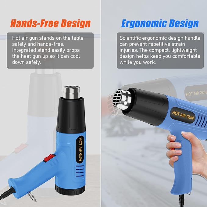 Digital Display Heat Gun, Temperature Setting 212 ℉~1202 ℉ (100 ℃ and 650 ℃), Fast heating tool Hot Air Gun, With four nozzles and Overload protection, Used for vinyl wrapping and shrink tubing