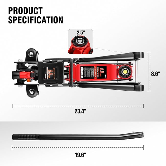 DNA Motoring Low Profile Hydraulic Trolley Service/Floor Jack, 2.5 Ton (5500 lbs) Capacity, Lifting Range 3.35"-15.16",Red, TOOLS-00676-RD