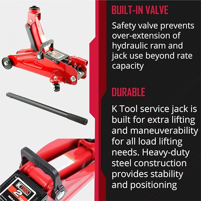 K Tool International 63103A Hydraulic Service Jack, 5-1/8 to 13 Inch Lift Range, Heavy Duty Steel, Swivel Casters, Overload Protection, Smooth Positioning for Shop and Garage Use