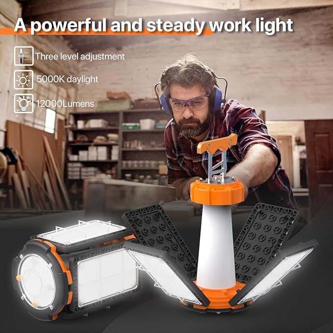 LED Temporary Work Light: 80W 12000LM Led Work Light with Brightness Adjustable Switch, 4 Deformable Panels Portable Construction Light, 5000K Linkable Hanging Work Lamp for Workshop Garage Jobsite