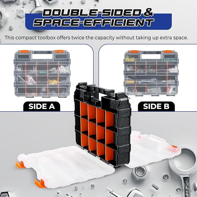 NATGAI 2 Pack Small Parts Organizers, 34-Compartments Double-Sided Tool Box with Removable Dividers for Hardware, Screws, Bolts, Nails & Fishing Accessories, Durable Plastic Storage Case (Orange)