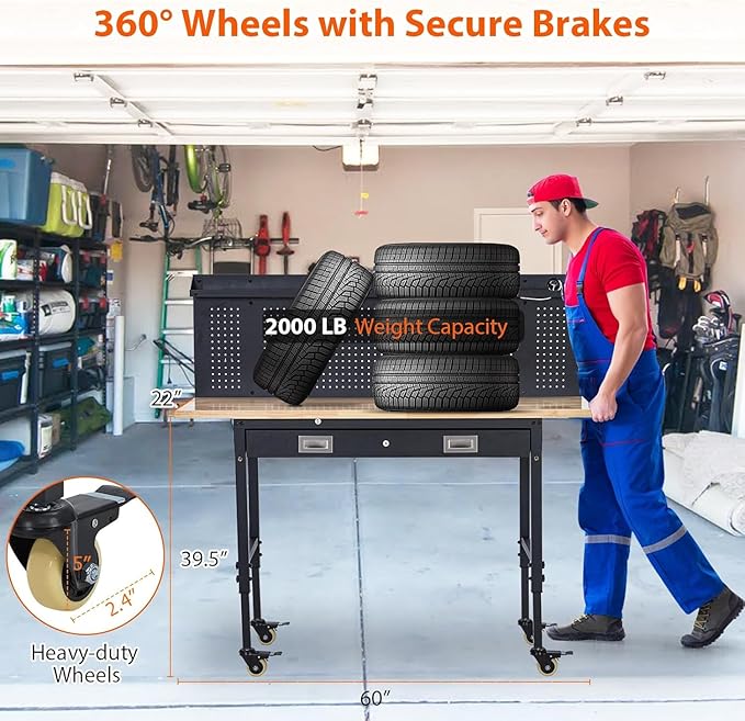 Workbench 60" x 22" Adjustable Height Worktable, Heavy Duty Rubber Wood Top, 2000 LBS Load Capacity, Tool Storage Workstation with Drawer, Pegboard, Power Outlets & Lockable Wheels