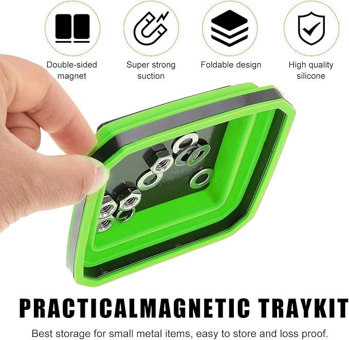 2 PCS Collapsible Magnetic Parts Tray, 4.5 Inch Foldable Magnetic Square Silicone Tray, Tool Tray Set with Double-Sided Magnetic Base for Screw Bolts Nuts Pins, Car Accessories (Green+Orange)