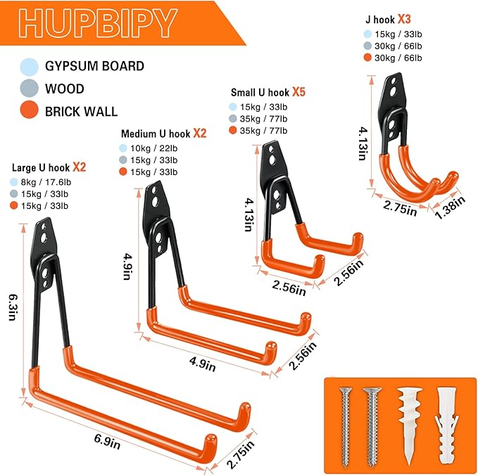 HUPBIPY 12 Pack Garage Hooks Heavy Duty Utility Steel with Anti-Slip Coating Wall Mount Storage Organizer for Hanging Power and Garden Tools, Ladders, Hose, Bikes, Ropes, Bulk Items, and More
