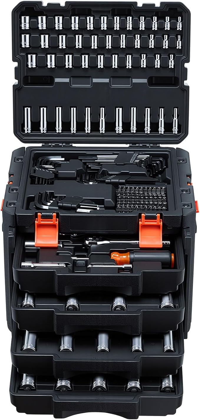 VEVOR Mechanics Tool Set, 256-Piece Mechanic Tool Kit, 1/4 in, 3/8 in, and 1/2 in Drive, SAE and Metric Socket Set, Wrenches, Screwdriver Bits, Accessories, and Storage Case, for Automotive Repair