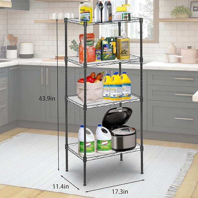 FDW 18L x 12W x 44H Wire Shelves Metal Shelf with 4 PP Sheets Storage Shelves 4 Tier Layer Storage Shelves for Laundry Bathroom Kitchen Garage,Black