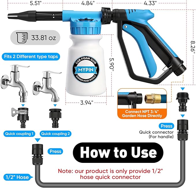 Upgraded Car Wash Foam Gun, Foam Cannon, Adjustable Hose Wash Sprayer with 2.5 to 6 Bars Foam Blaster, NEW Handle, Wash Mitten &Towel, Suitable for Car Cleaning & Garden Use with 1/2” Quick Connector