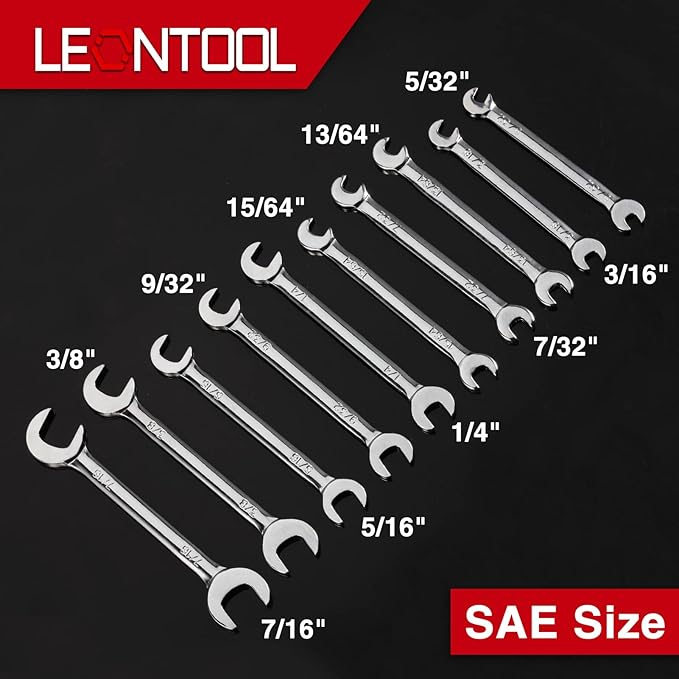 Mini Double Open End Wrench Set SAE 10 Pcs 5/32" to 7/16" with Portable Storage Pouches Mirror Chrome Finish Super Thin Open Ended Spanner Double Angle Head for Small Fasteners