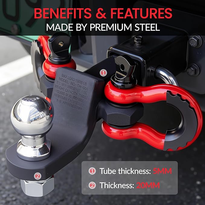 Trailer Hitch Ball Mount with 2 D Ring Tow Shackles Compatible with 2" Hitch Receiver 7500 lbs Capacity, 2" Ball Hitch and 3/4" Red Shackle Combo Suitable for Trucks, Suvs, Sedans, and Other Vehicles