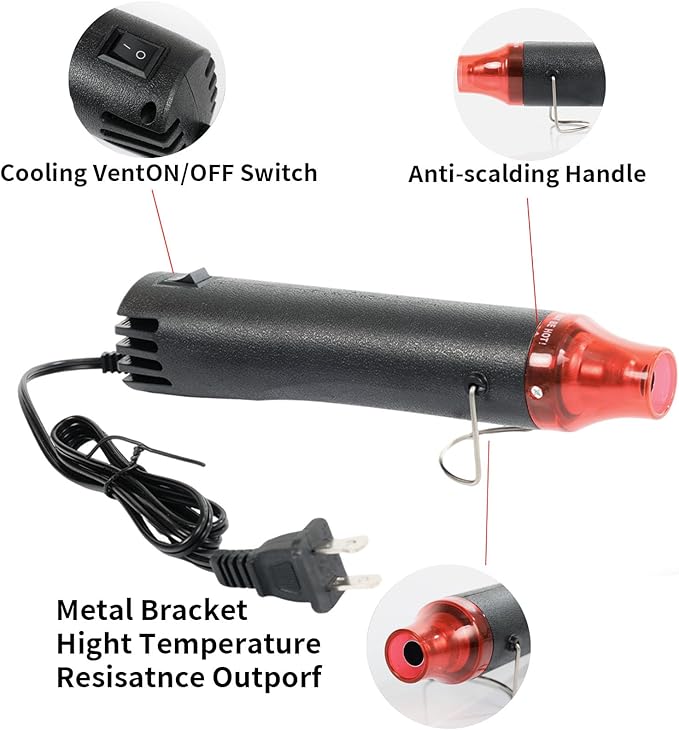 Heat Gun for Crafting, 110V 300W Handed Hot Air Gun, 3.28FT Ultra-Long Cable Portable Heat Gun with Stand and Power Cord for Shrinking Wrapping PVC, DIY Embossing and Drying Paint (Black)