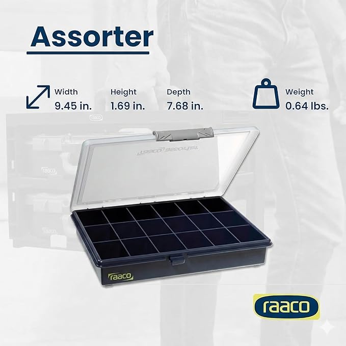 Raaco Assorter Tool Box Organizer – Medium – 18 Slots Fixed Grid with Semi-Transparent Lid, Polypropylene (PP) Storage Box for Screws, Nuts and Bolts, Small Parts & Hardware (Assorter 5-18)