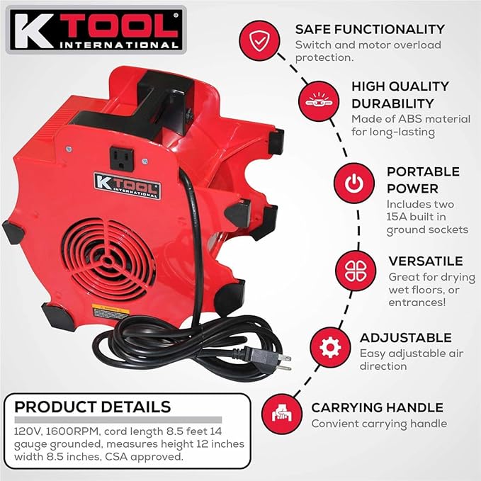 K Tool International 77702 Utility Floor Blower Fan, 300 CFM, 3 Speed Motor, Overload Protection, Impact Resistant ABS, 180 Watt, 110-120V, 60Hz, 12 Amp, 4 Angle Positions, Indoor/Outdoor, Red