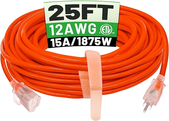 POWGRN 25 ft 12/3 Outdoor Extension Cord Waterproof Heavy Duty with Lighted Indicator End 12 Gauge 3 Prong, Flexible Cold-Resistant Long Power Cord Outside, 15Amp 1875W SJTW Orange ETL Listed
